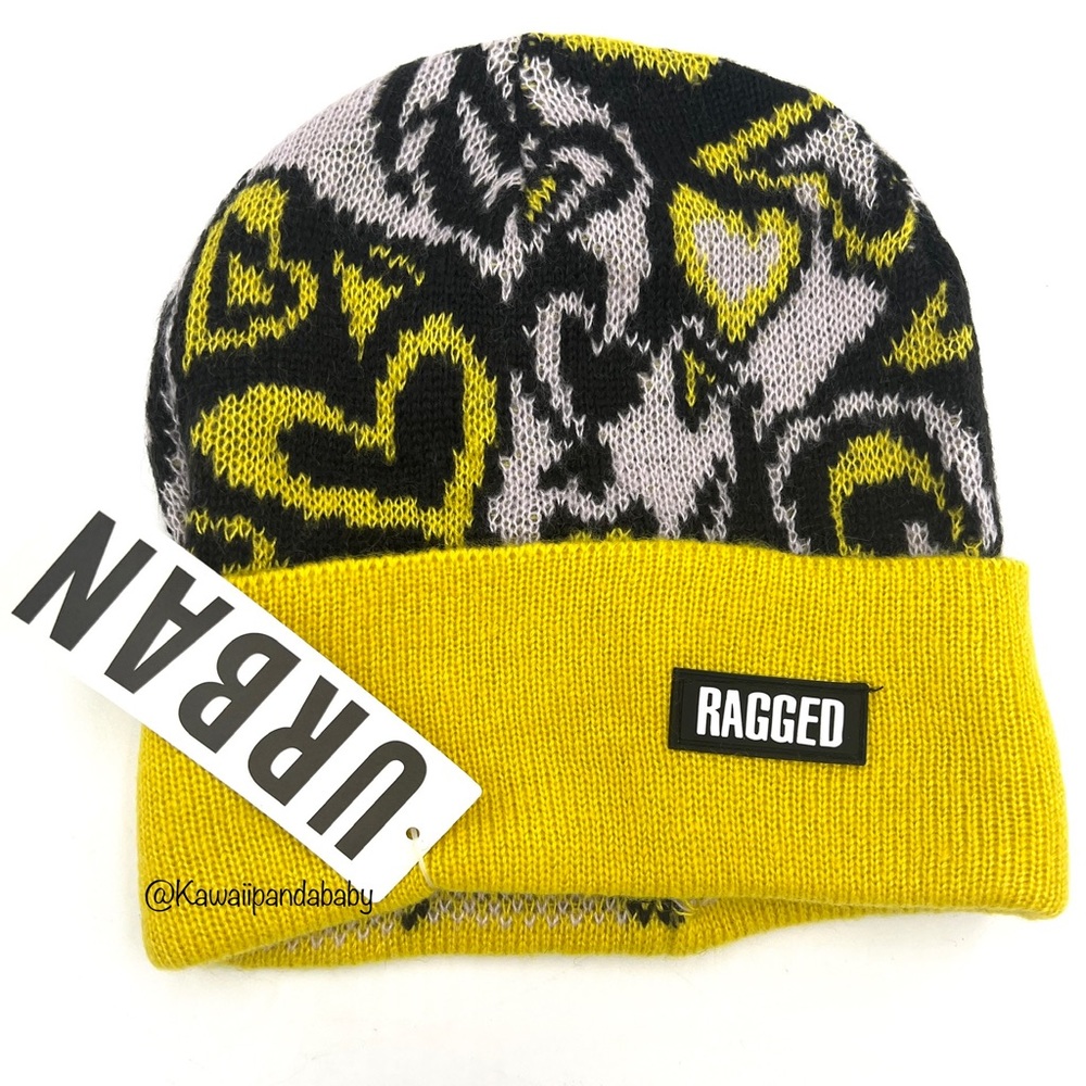 NWT Ragged Priest Grey Black Chartreuse Yellow Fold Over Knit Flirt Beanie Hat
